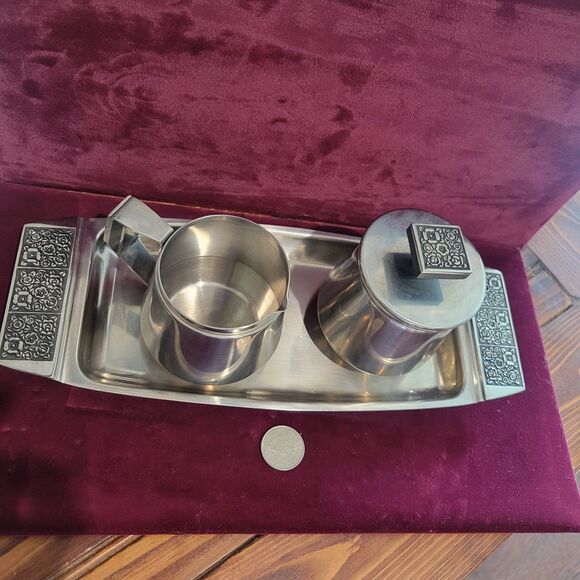 Vintage Stanley Roberts Stainless Steel Velvet Design Sugar & Creamer w/Tray MCM - Picture 10 of 16